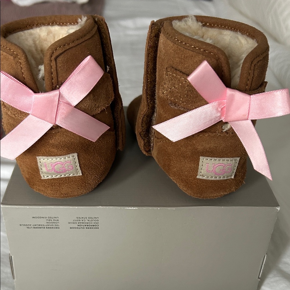 UGG Tan Baby Boots with Pink Ribbon